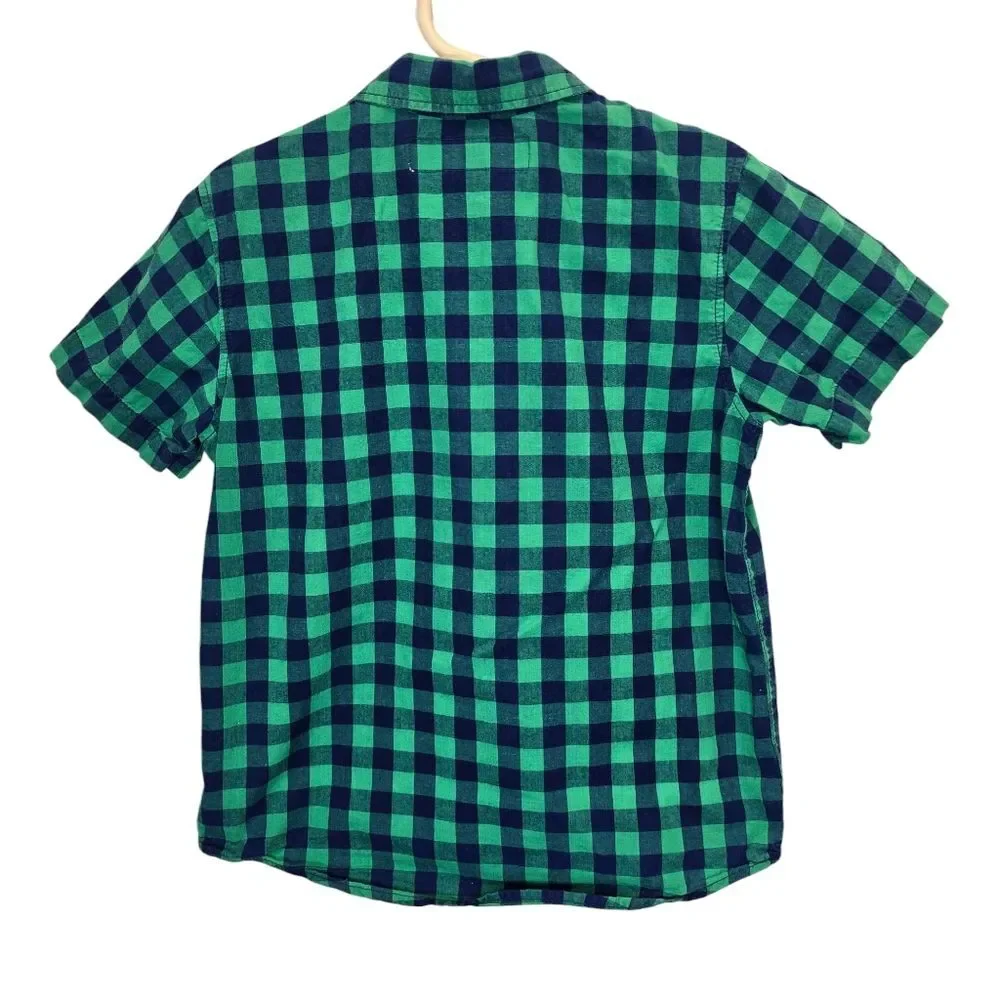 Old Navy Boys XS Classic Shirt Green Blue Plaid Short Sleeve Button Up Shirt